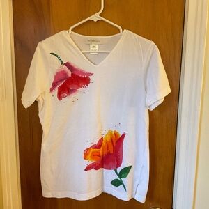 Susan Bristol White Cotton T-Shirt Beaded Sequined Sz M Short Sleeves